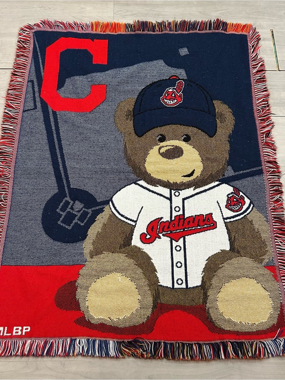 Vintage Cleveland Indians Chief Wahoo Teddy Bear Woven Tapestry Throw 33x43 MLB